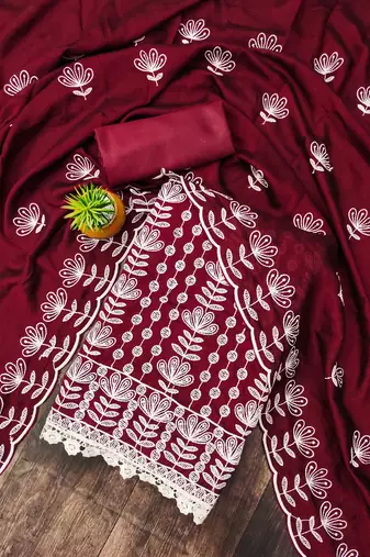 maroon silk blend embroidered dress material