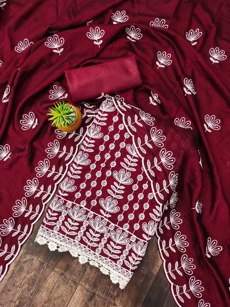 maroon silk blend embroidered dress material