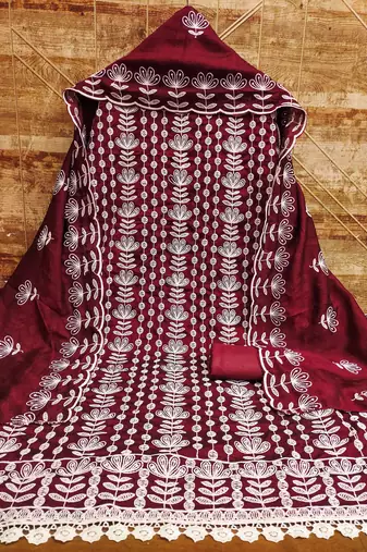 maroon silk blend embroidered dress material