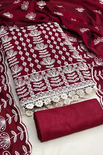 maroon silk blend embroidered dress material
