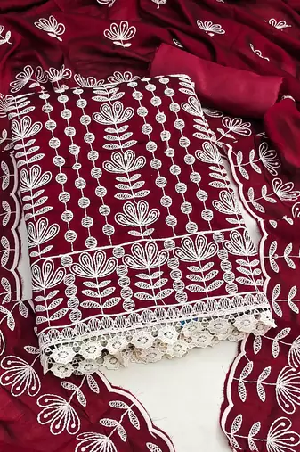 maroon silk blend embroidered dress material