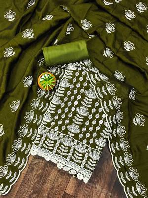 olive silk blend embroidered dress material 1