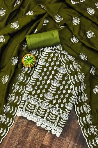 olive silk blend embroidered dress material