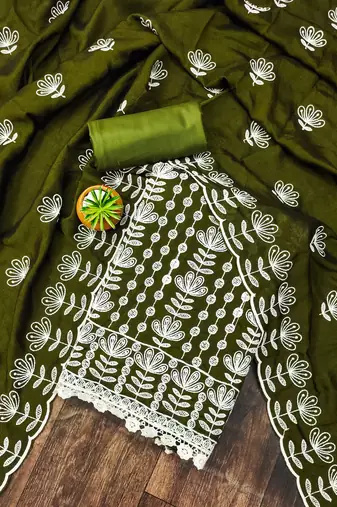 olive silk blend embroidered dress material
