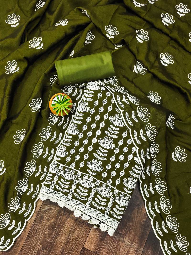 olive silk blend embroidered dress material