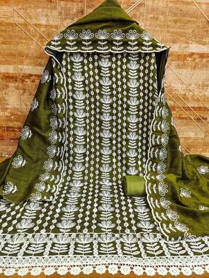 olive silk blend embroidered dress material 2