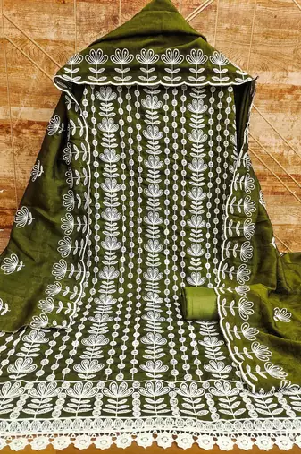 olive silk blend embroidered dress material