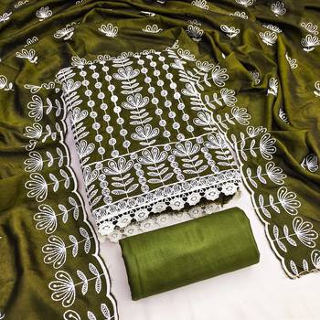 olive silk blend embroidered dress material 3