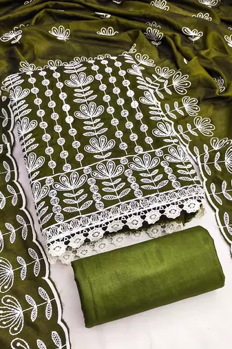 olive silk blend embroidered dress material