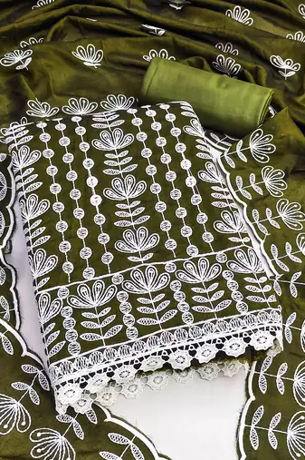 olive silk blend embroidered dress material