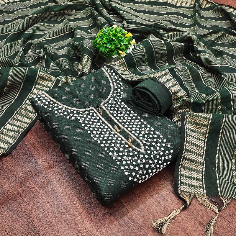 green cotton hand embroidery dress material
