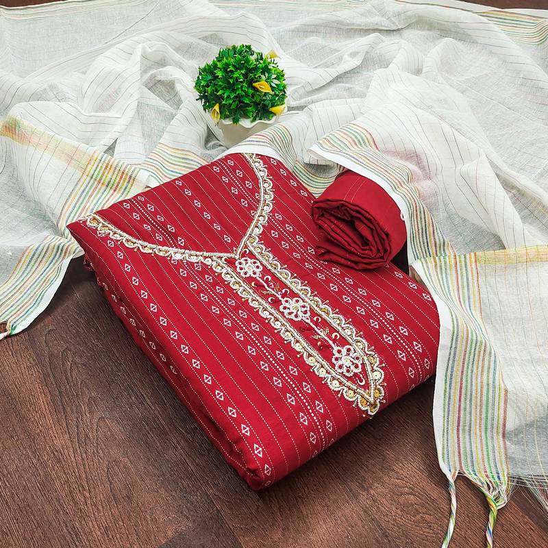 red cotton hand embroidery dress material