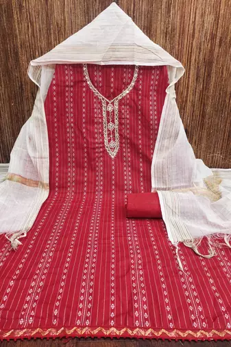 red cotton hand embroidery dress material