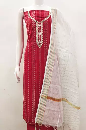 red cotton hand embroidery dress material