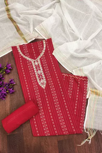 red cotton hand embroidery dress material