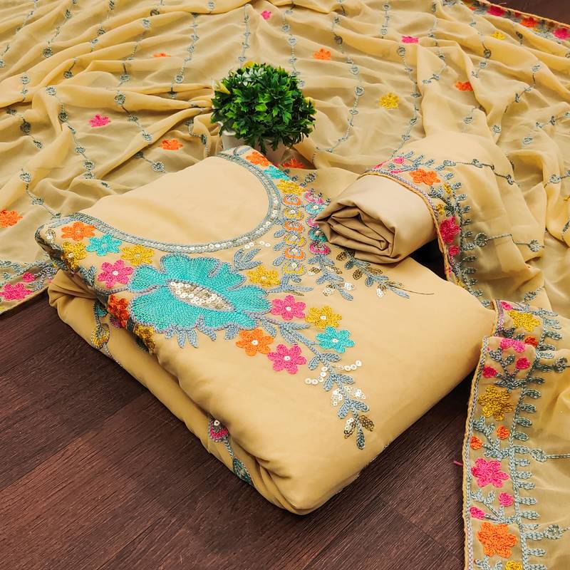 beige georgette embroidered dress material