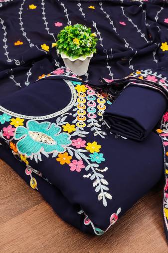 blue georgette embroidered dress material