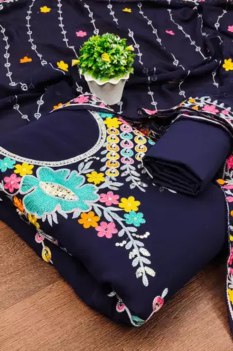 blue georgette embroidered dress material