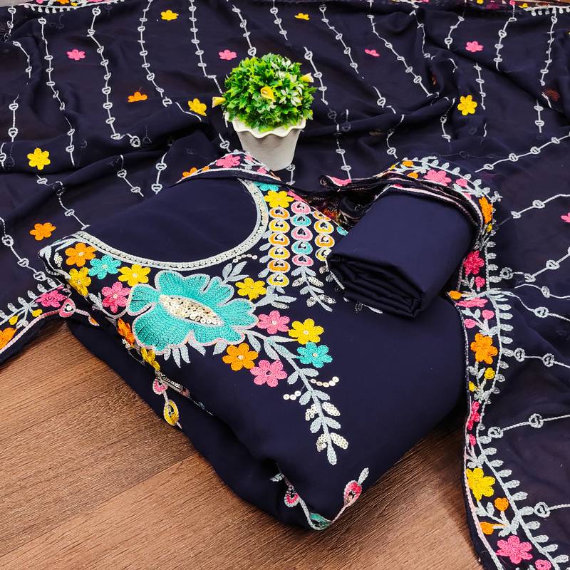 blue georgette embroidered dress material