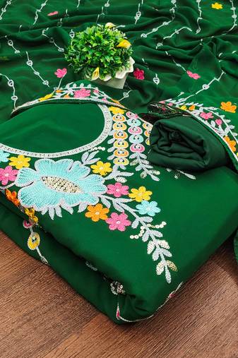 green georgette embroidered dress material