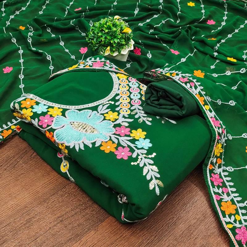 green georgette embroidered dress material