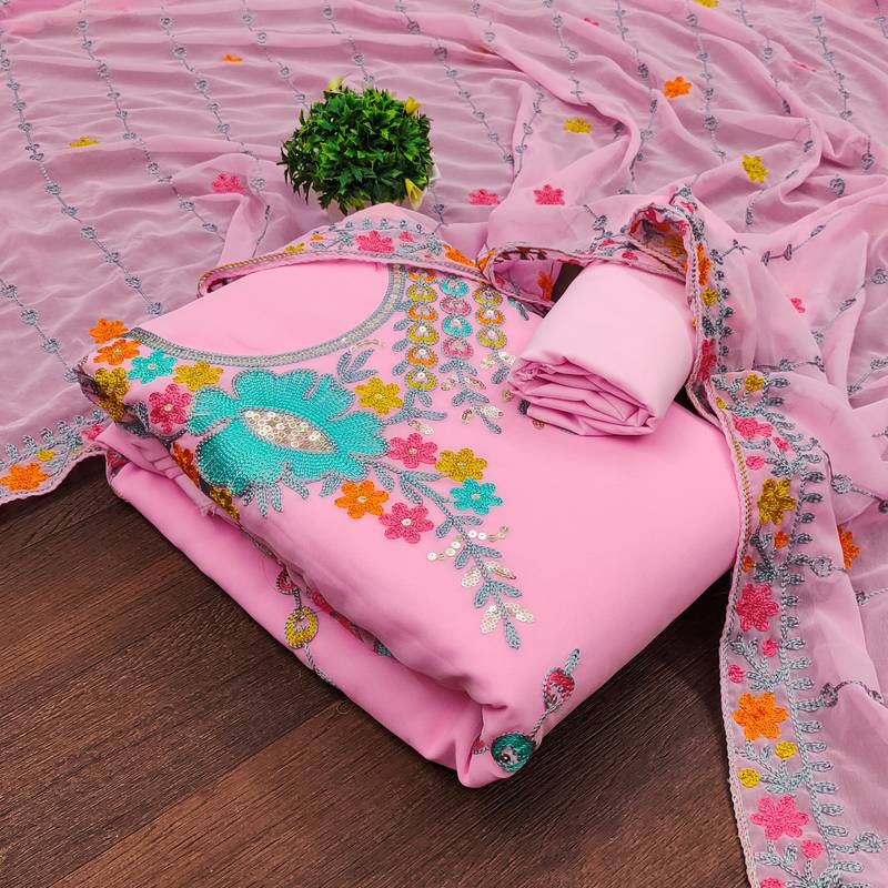 pink georgette embroidered dress material