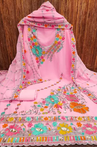 pink georgette embroidered dress material