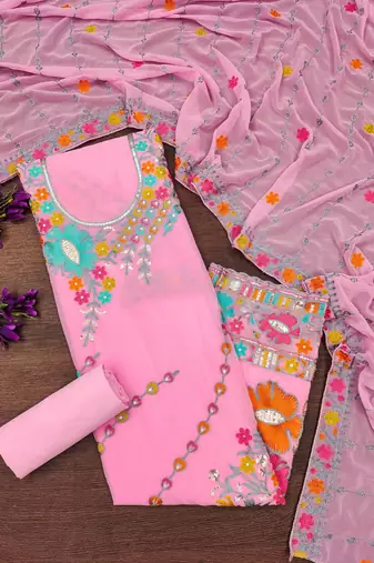 pink georgette embroidered dress material