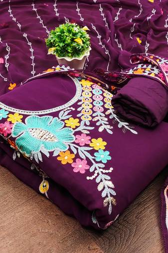 purple georgette embroidered dress material