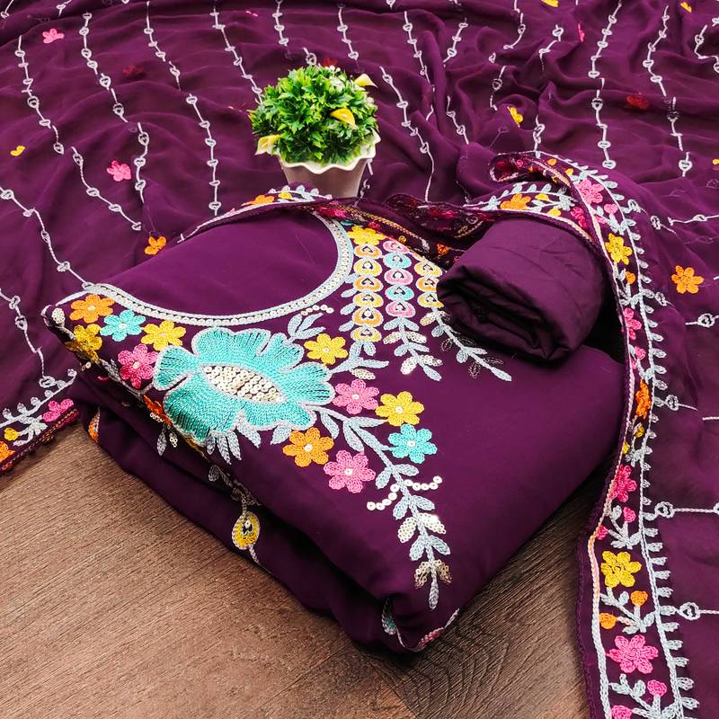 purple georgette embroidered dress material