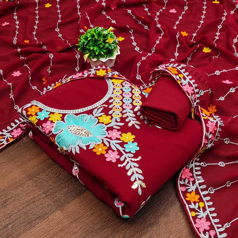 red georgette embroidered dress material