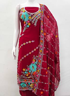 red georgette embroidered dress material 2