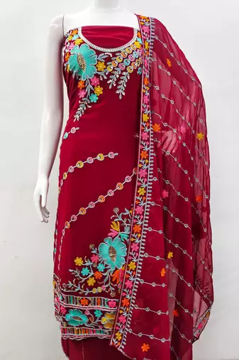 red georgette embroidered dress material