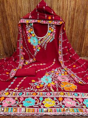 red georgette embroidered dress material 3