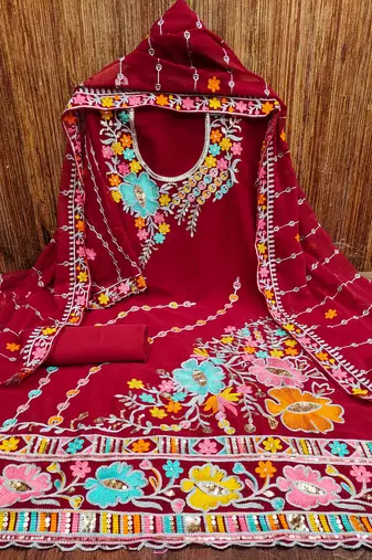 red georgette embroidered dress material