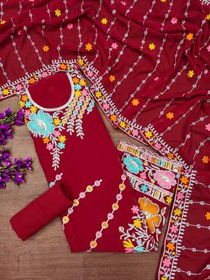 red georgette embroidered dress material 4