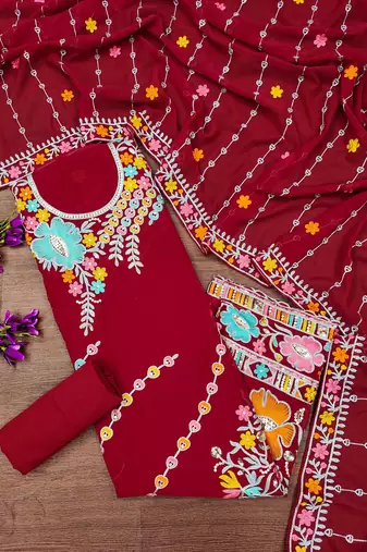red georgette embroidered dress material