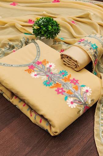 beige georgette embroidered dress material