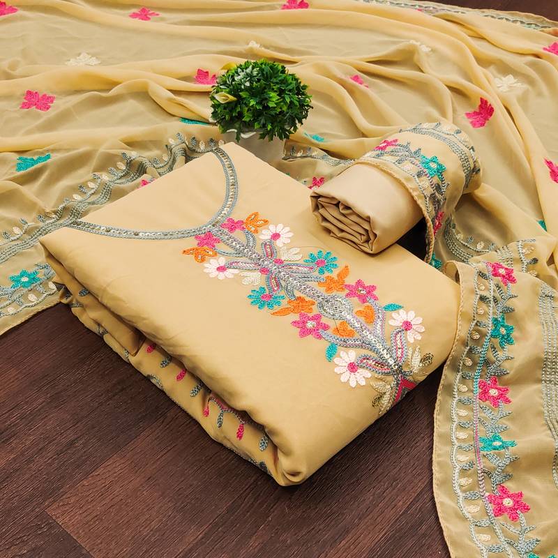 beige georgette embroidered dress material