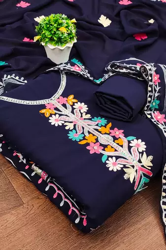 blue georgette embroidered dress material