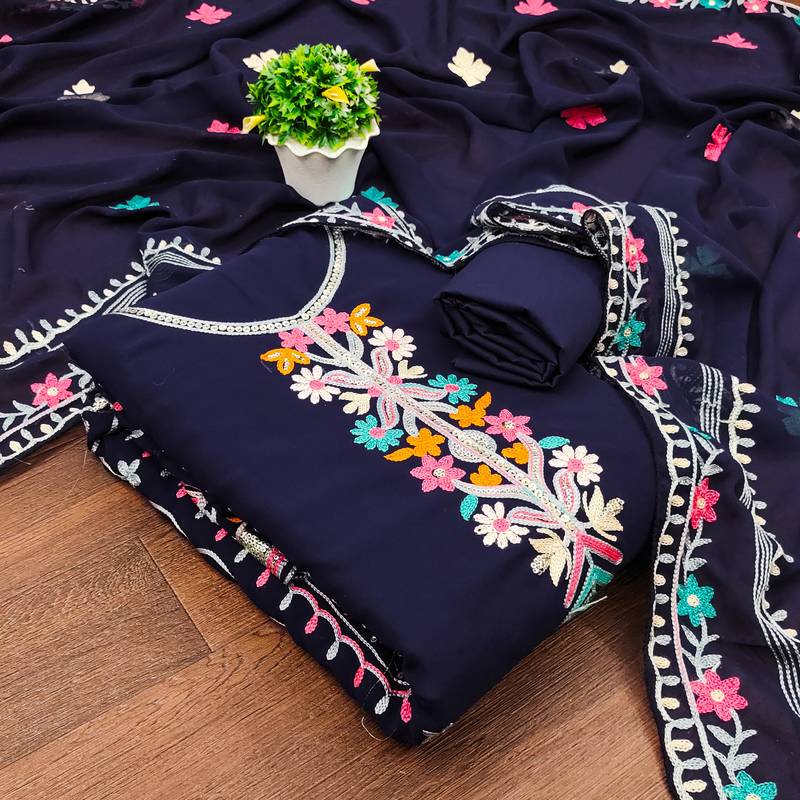 blue georgette embroidered dress material