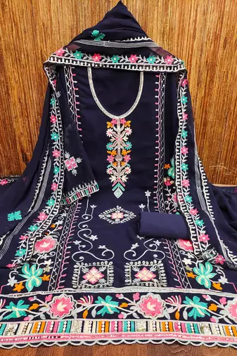 blue georgette embroidered dress material