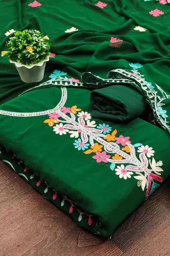 green georgette embroidered dress material