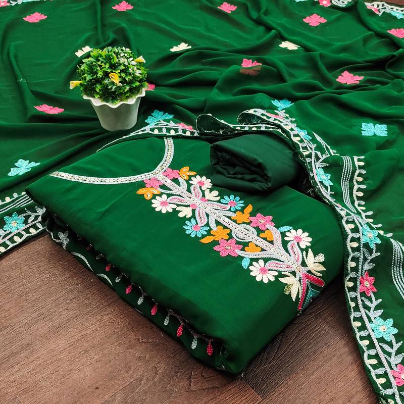 green georgette embroidered dress material