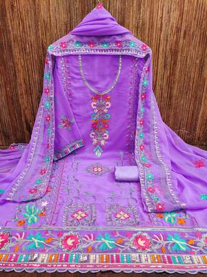 lavender georgette embroidered dress material 3