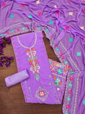lavender georgette embroidered dress material 4