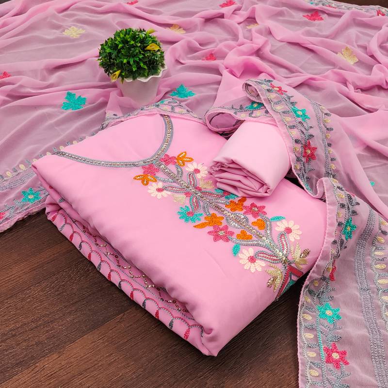 pink georgette embroidered dress material