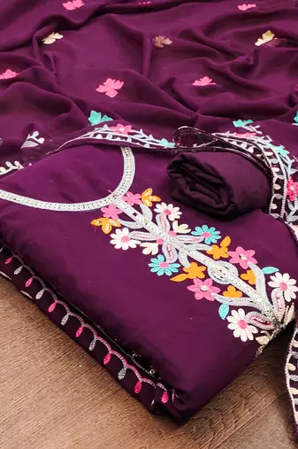 purple georgette embroidered dress material