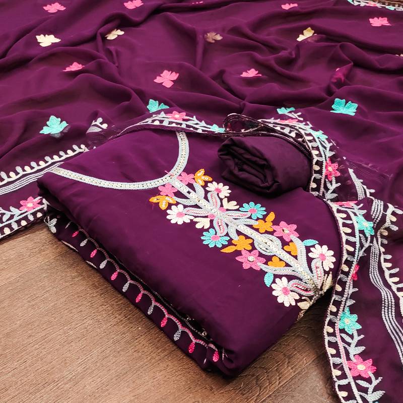 purple georgette embroidered dress material