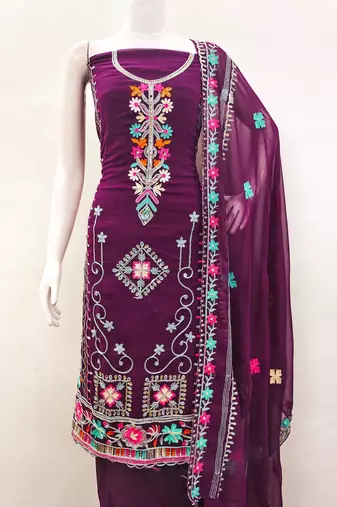 purple georgette embroidered dress material